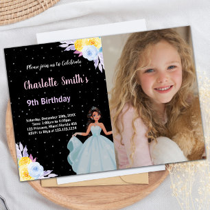 Photo Yellow Purple Floral Princess Birthday Invitation
