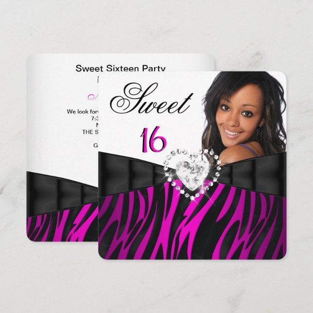 Photo Zebra Pink Silver Sweet 16 Sixteen Birthday Invitation (Front/Back)