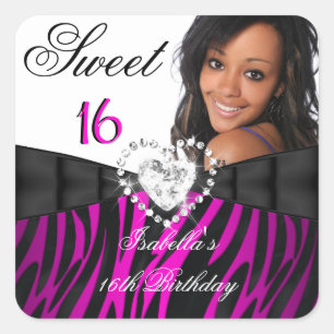 Photo Zebra Pink Silver Sweet 16 Sixteen Birthday Square Sticker