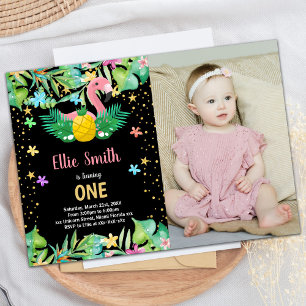 PhotoBlack Pineapple Flamingo Birthday Invitations