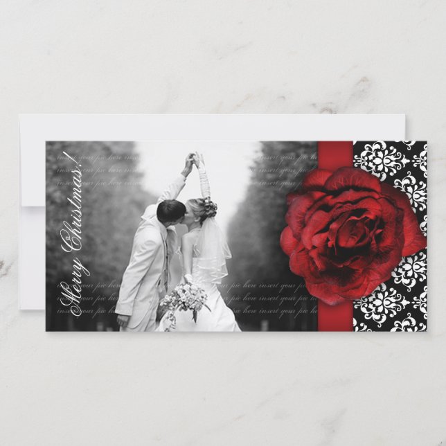 Photocard Red Rose Damask Black White Holiday Card (Front)