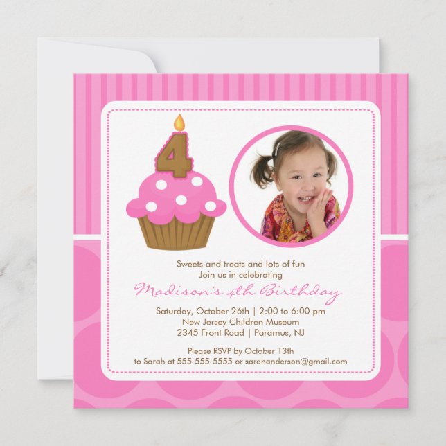 PhotoCupcake Birthday Invitation 4th Birthday Pink (Front)