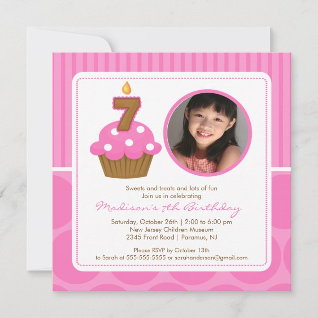 PhotoCupcake Birthday Invitation 7th Birthday Pink (Front)