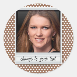 photoframe on white & brown polkadot classic round sticker
