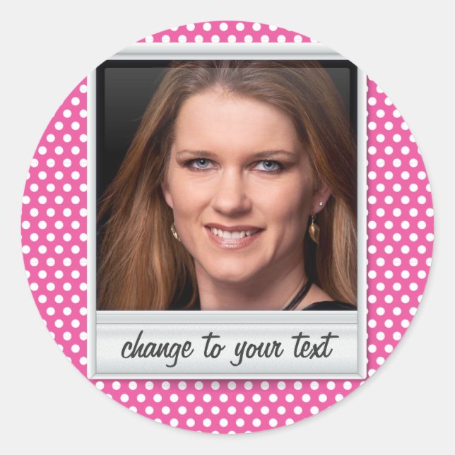 photoframe on white & pink polkadot classic round sticker (Front)