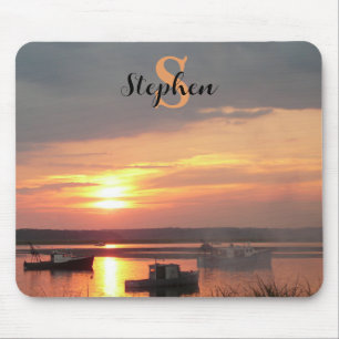 Photograph Boats in the Harbour at Sunset Monogram Mouse Mat
