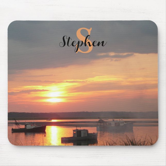 Photograph Boats in the Harbour at Sunset Monogram Mouse Mat (Front)