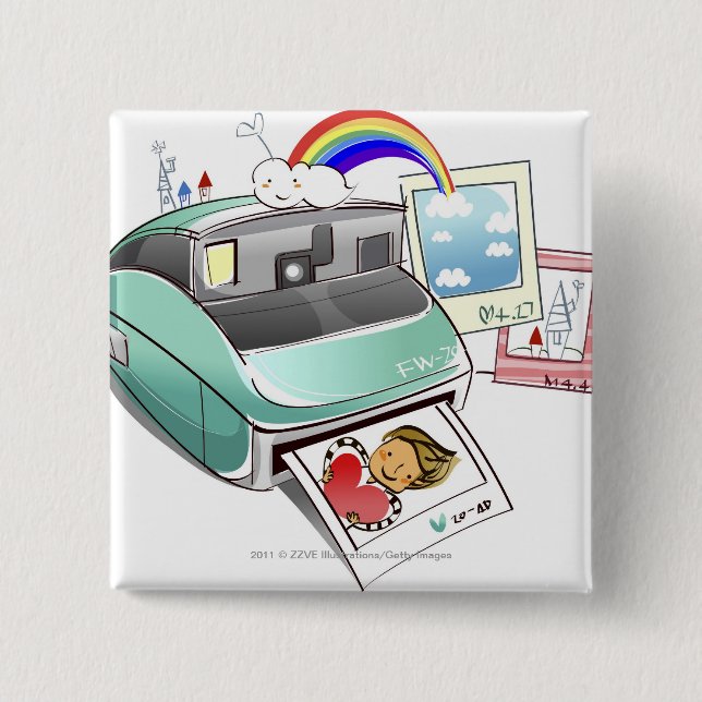 Photograph coming out of an instant camera 15 cm square badge (Front)