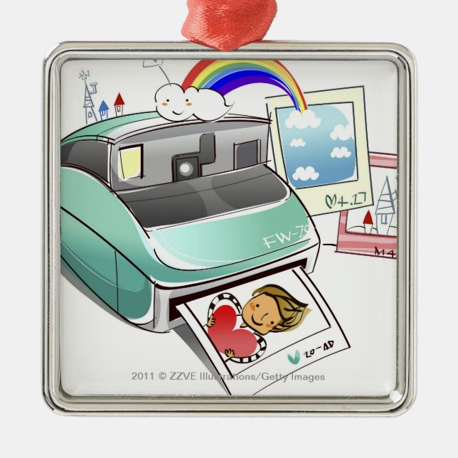 Photograph coming out of an instant camera metal tree decoration (Front)