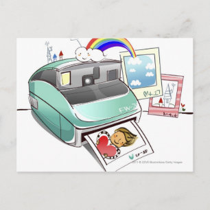 Photograph coming out of an instant camera postcard