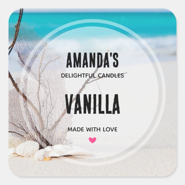 Photograph of Seashells on a Beach Candle Business Square Sticker (Front)