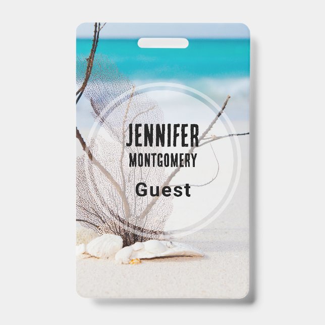Photograph of Seashells on a Sandy Beach Guest ID Badge (Front)