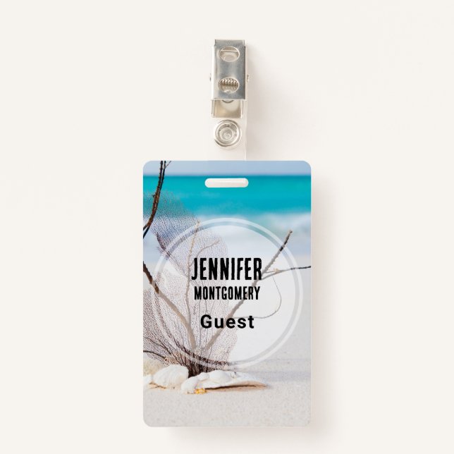 Photograph of Seashells on a Sandy Beach Guest ID Badge (Front with Clip)
