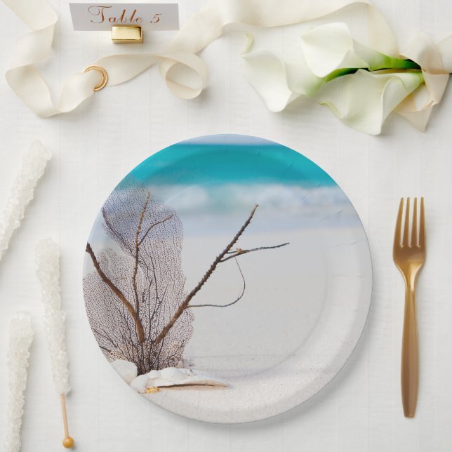 Photograph of Seashells on a Sandy Beach Paper Plate (Wedding)
