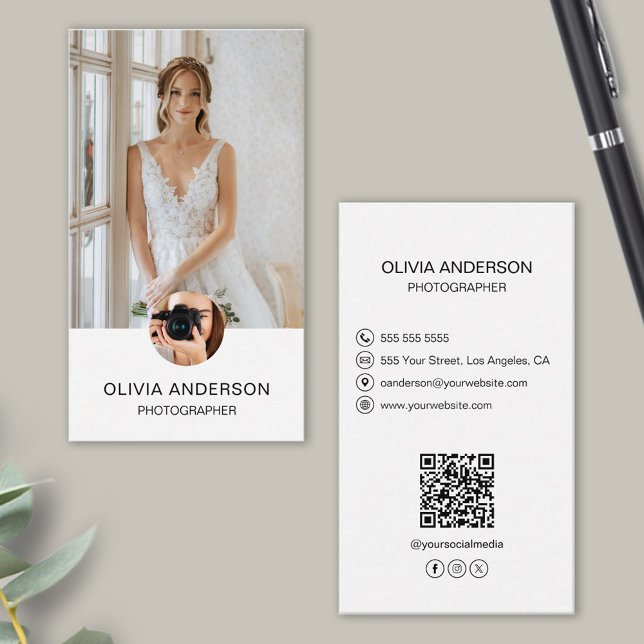 Photographer 2 Photos Custom Icons QR Code White Business Card (Photographer 2 Photos Custom Icons QR Code White Business Card)