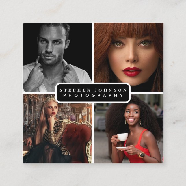 Photographer 4 Photos QR Code Social Media  Square Business Card (Front)