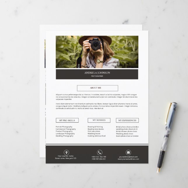 Photographer About Me Page template (Front/Back In Situ)