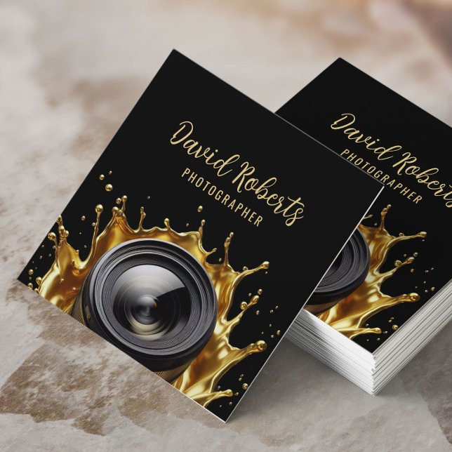 Photographer Abstract Gold Camera Lens Photography Square Business Card (Creator Uploaded)
