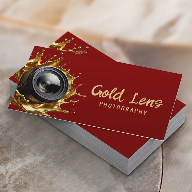 Photographer Abstract Gold Lens Red Photography Business Card (Creator Uploaded)