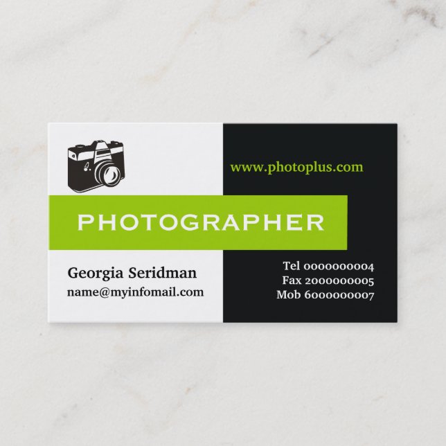 Photographer black, white, green eye-catching business card (Front)