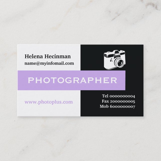 Photographer black, white, lavender eye-catching business card (Front)