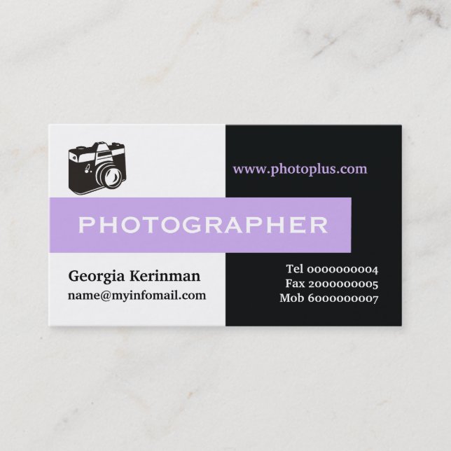 Photographer black, white, lavender eye-catching business card (Front)