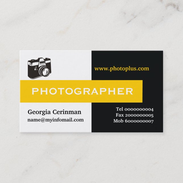 Photographer black, white, yellow eye-catching business card (Front)