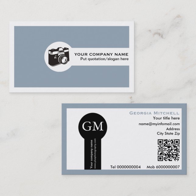 Photographer camera and QR code dusty blue Business Card (Front/Back)