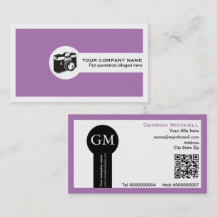 Photographer camera and QR code purple Business Card