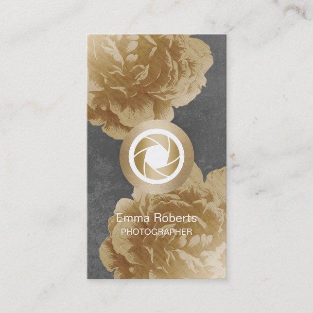Photographer Camera Gold Floral Photography Business Card (Front)