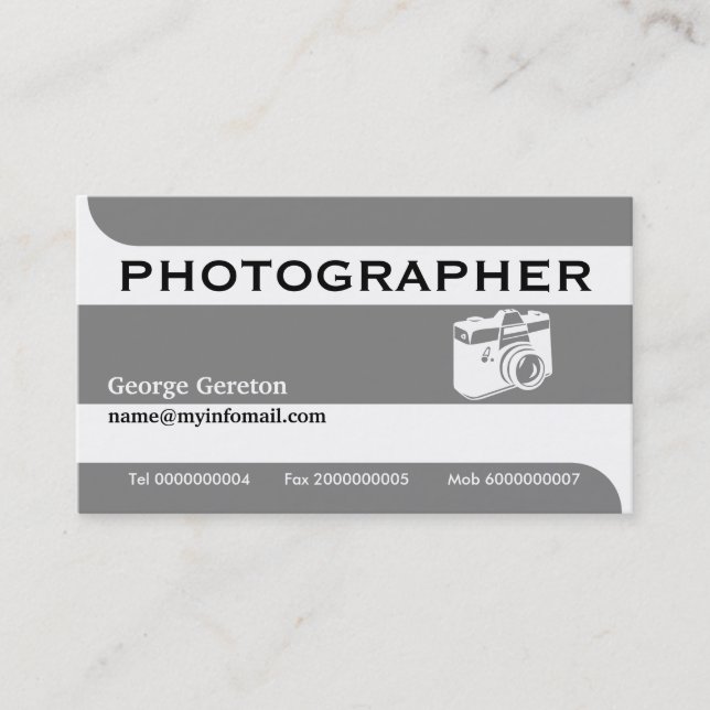 Photographer camera grey, white eye-catching business card (Front)