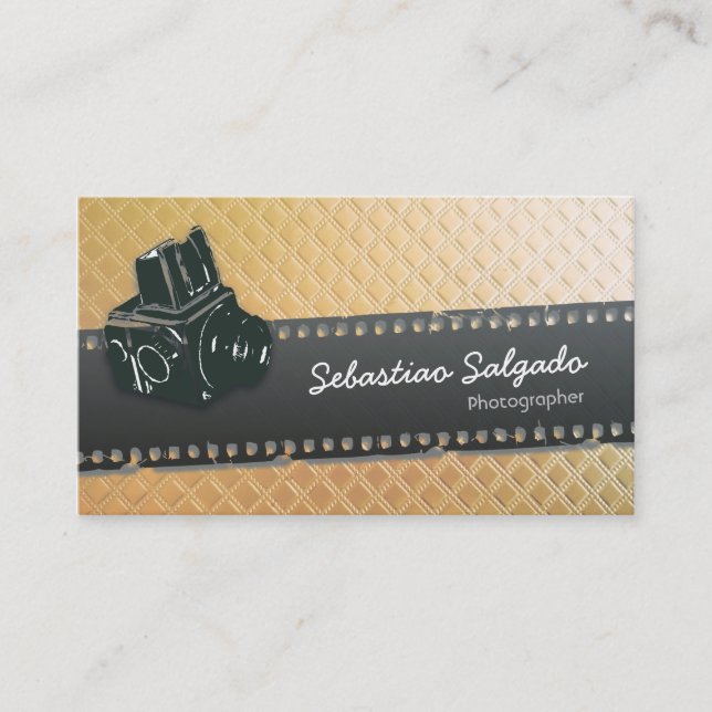 Photographer Camera Lens & Film Gold texture Business Card (Front)