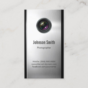 Photographer - Camera Lens in Silver Metallic Look Business Card