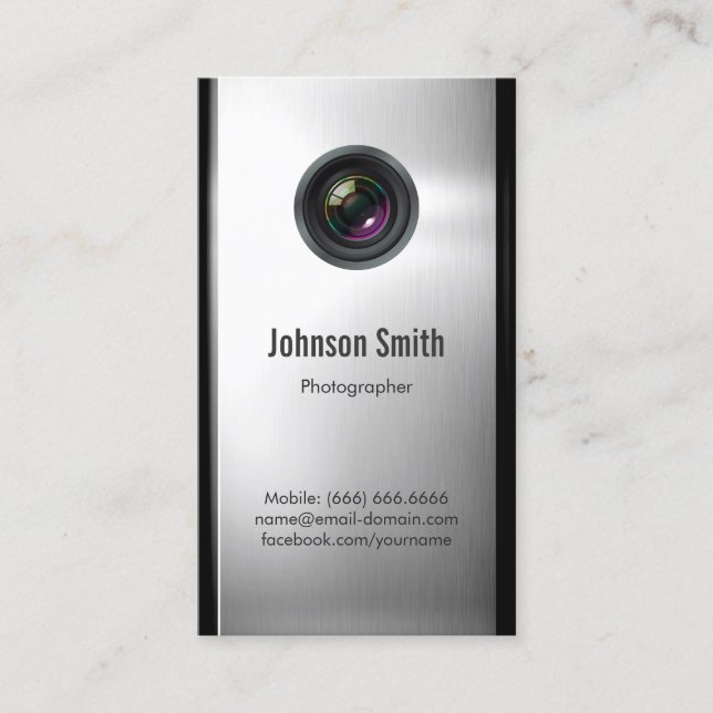 Photographer - Camera Lens in Silver Metallic Look Business Card (Front)