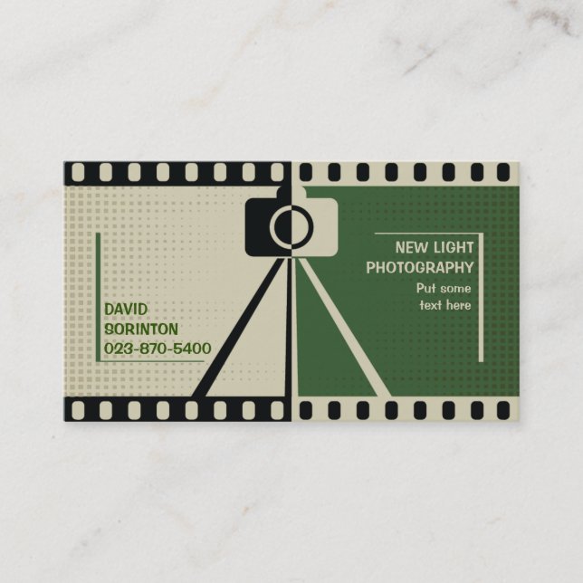 Photographer camera photography black, green beige business card (Front)