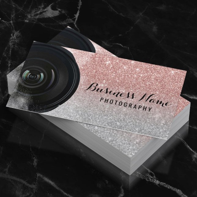 Photographer Camera Rose Gold Glitter Photography Business Card (Creator Uploaded)