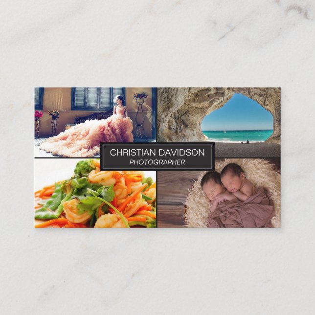 Photographer, customise with photos, black, sleek business card (Front)