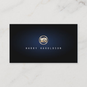 Photographer Elegant Gold Camera Icon Blue Glow Business Card