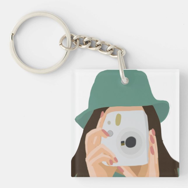 Photographer Girl Illustrated with Dark Hair Key Ring (Front)