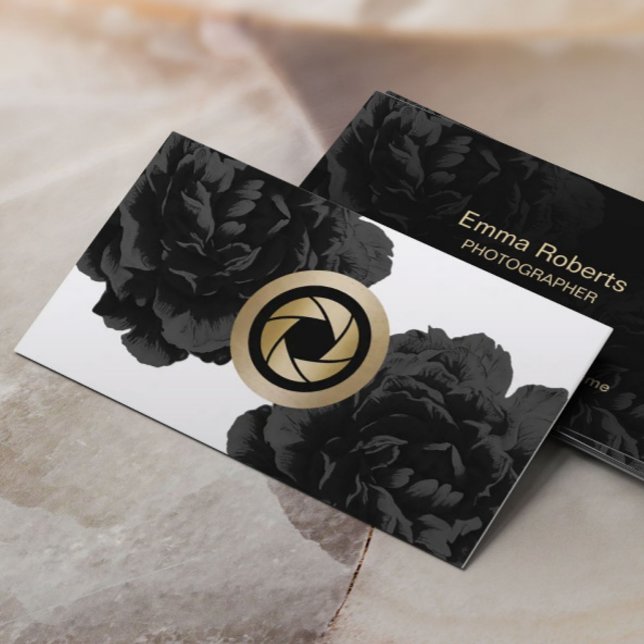 Photographer Gold Camera Shutter Logo Black Floral Business Card (Creator Uploaded)