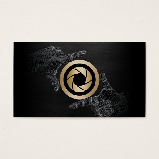 Photographer Gold Shutter Logo Elegant Dark Wood Business Card