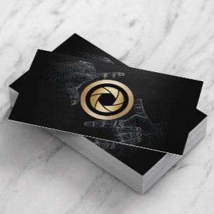 Photographer Gold Shutter Logo Elegant Dark Wood Business Card