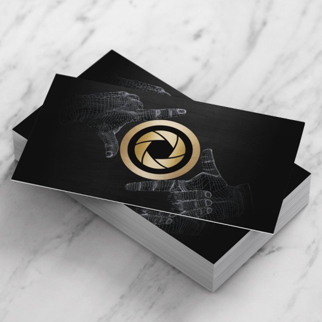 Photographer Gold Shutter Logo Elegant Dark Wood Business Card (Creator Uploaded)