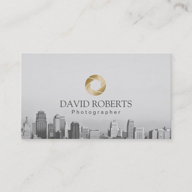 Photographer Gold Shutter Skyline Photography Business Card (Front)