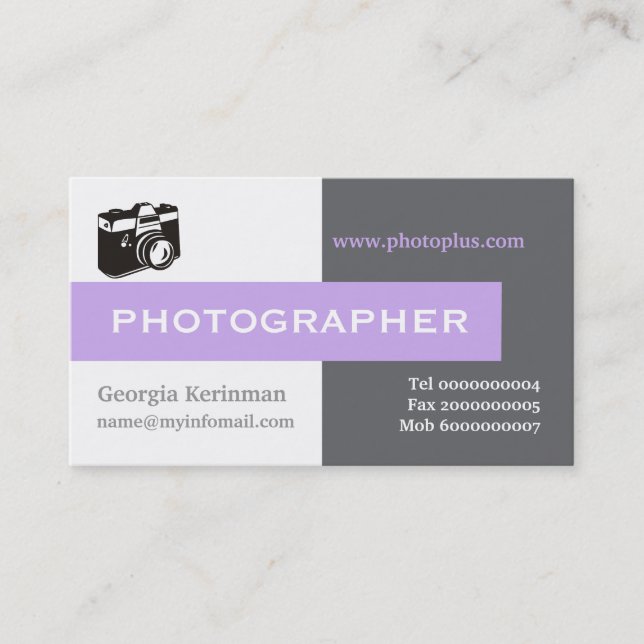 Photographer grey, white, lavender eye-catching business card (Front)