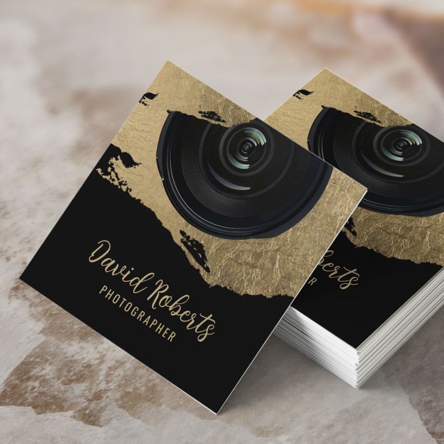 Photographer Modern Gold Brushstroke Photography Square Business Card (Creator Uploaded)