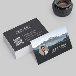 Photographer Modern Minimal QR Code Sleek Black Business Card