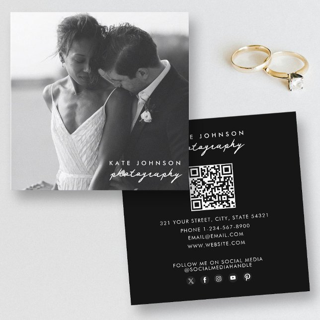 Photographer Modern Script Photography QR Code Square Business Card (Photographer Modern Script Photography QR Code Square Business Card)