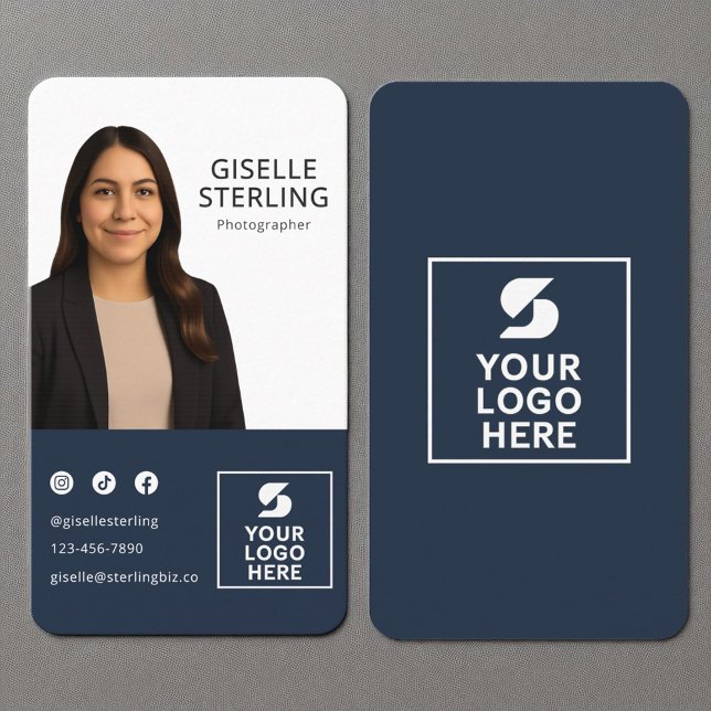 Photographer Navy Blue Photo Logo Portrait Business Card (Creator Uploaded)