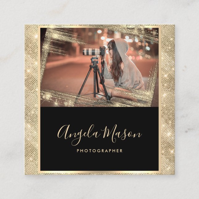Photographer Photo QR Code Black Gold Unique Square Business Card (Front)